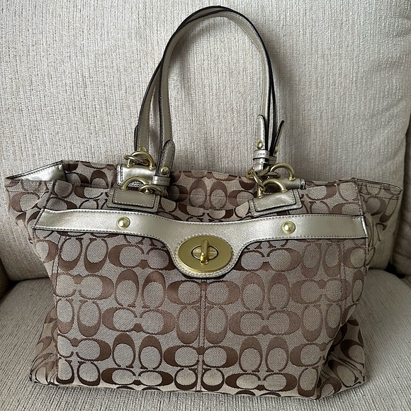 COACH Penelope Signature Jacquard Carryall Khaki & Gold Shoulder Hand Bag F16541 - Picture 1 of 6